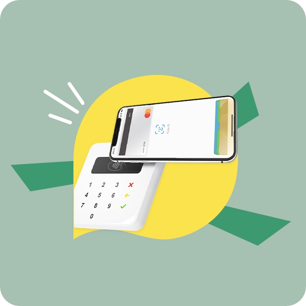 Grafica a sfondo verde mare, nel centro un una vignetta gialla con al suo interno un cellulare che sta effettuando un pagamento contactless appoggiandosi ad un poss. Un’introduzione Credem agli strumenti di pagamento elettronici 