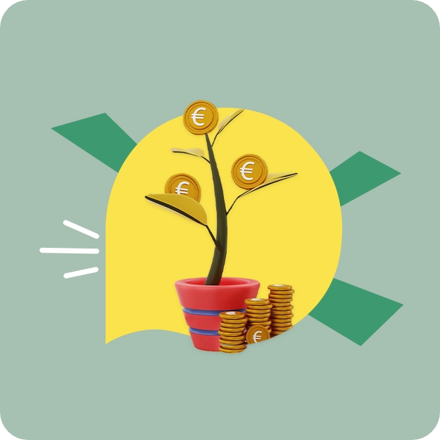 Grafica a sfondo verde mare, nel centro un una vignetta gialla con al suo interno un albero che sta dando i suoi frutti sotto forma di €. Un’introduzione Credem per imparare come funziona la pensione e la previdenza complementare.