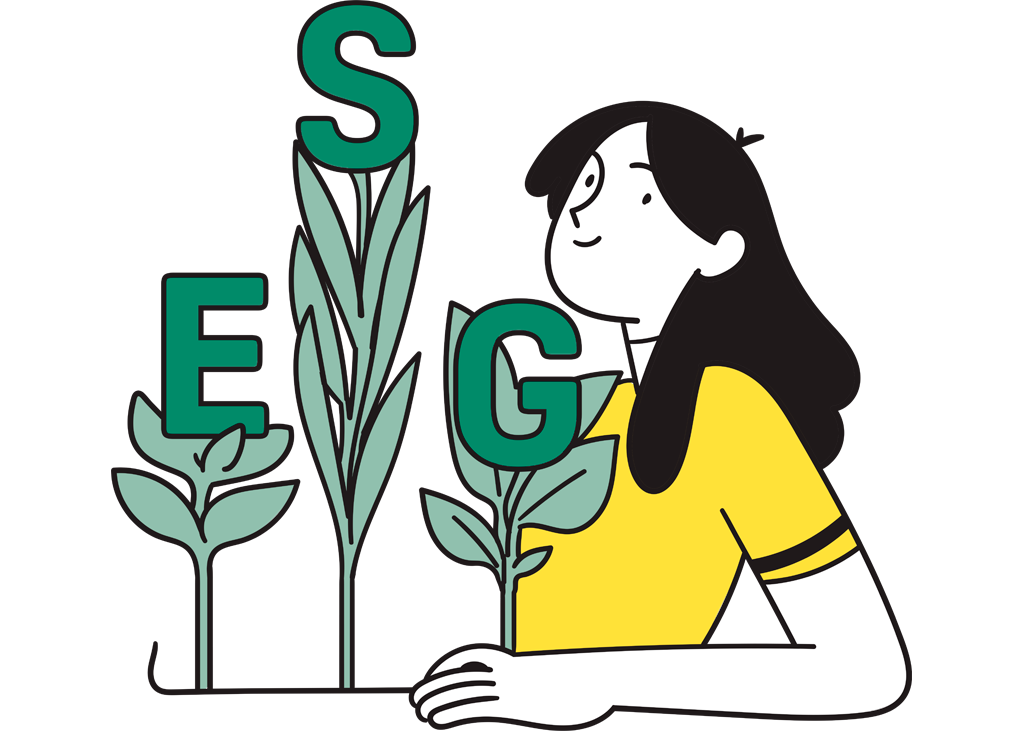 Grafica di una ragazza accanto a delle piante sulle quali sono riportate le lettere ESG.
