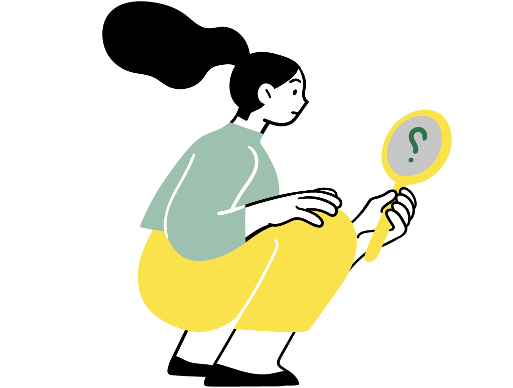 Grafica di una ragazza accovacciata che si guarda in uno specchio con un punto di domanda.