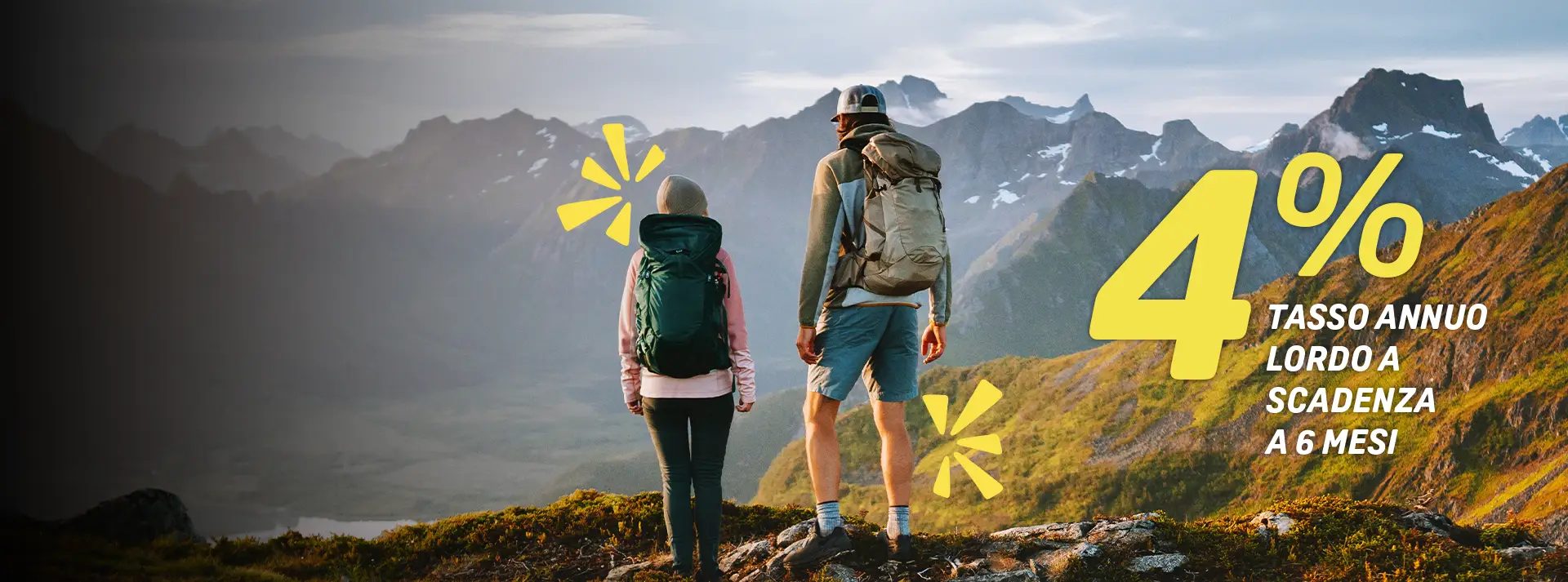 ragazzi sopra una montagna che fanno trekking con scritta 4% tasso annuo lordo a scadenza per 6 mesi