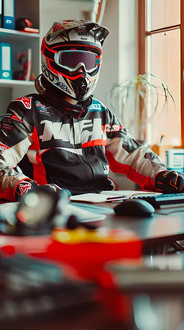 ragazzo vestito da motociclista seduto su una scrivania che sta lavorando al pc