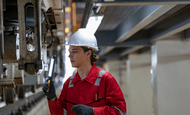 Operaio che controlla macchinario industriale