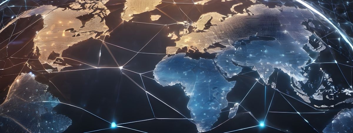 Mappa del mondo con linee di rete e punti, simboleggiando connessioni globali