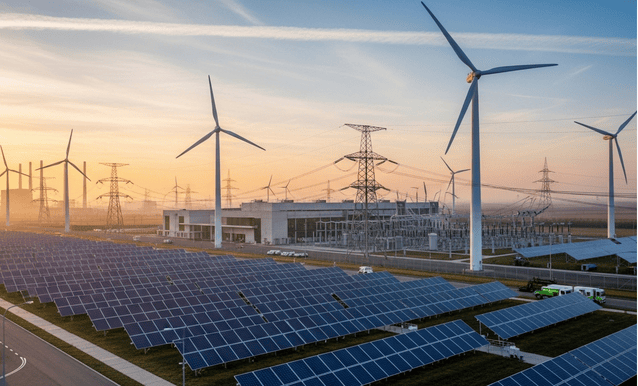 Vista di pannelli solari e turbine eoliche al tramonto