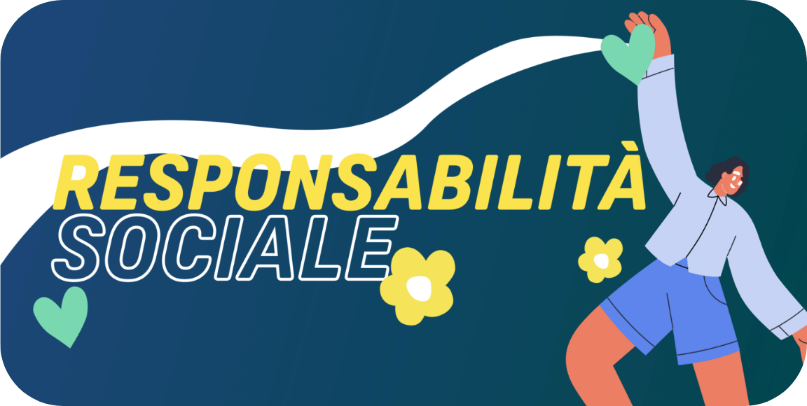 Grafica blu scuro con una donna stilizzata amorevole , trasmettendo come Credem metta al primo posto la Responsabilità Sociale nei confronti della comunità. “RESPONSABILITà SOCIALE”