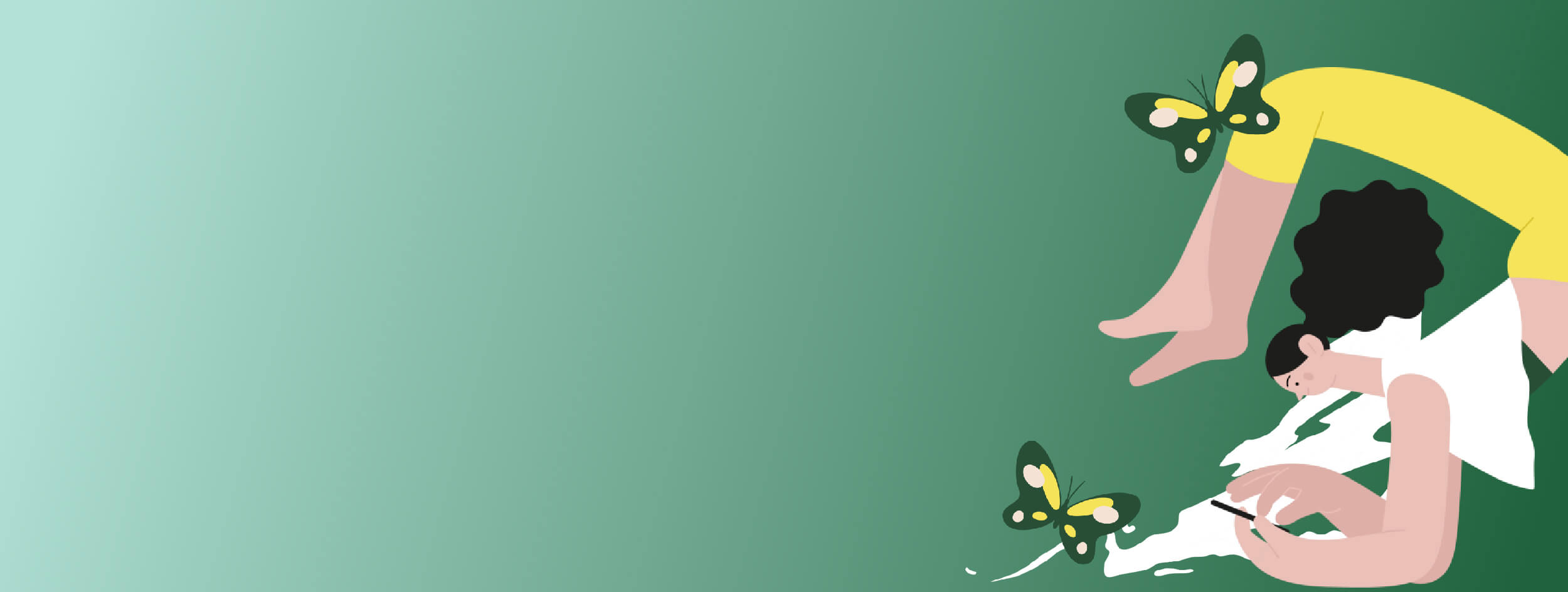 Grafica verde scuro con una donna stilizzata che gioca al cellulare , trasmettendo come Credem garantisce un equilibrato work-life balance ai loro dipendenti.