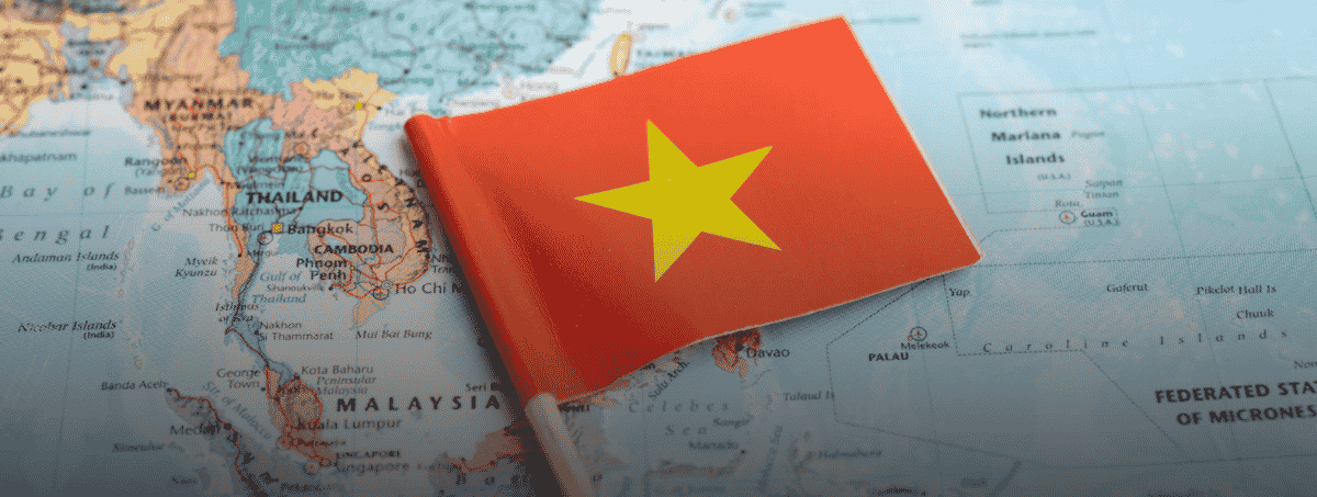 Cartina geografica che evidenzia il Vietnam con una bandierina nazionale