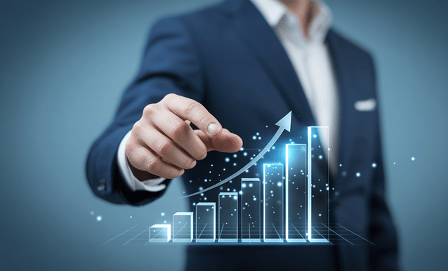 Un uomo calcola l'andamento dei sui investimenti attraverso un grafico 3D
