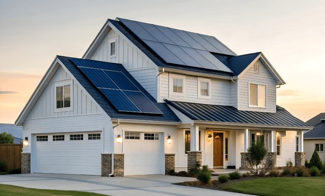 Una villa dotata di pannelli solari vista dall'esterno