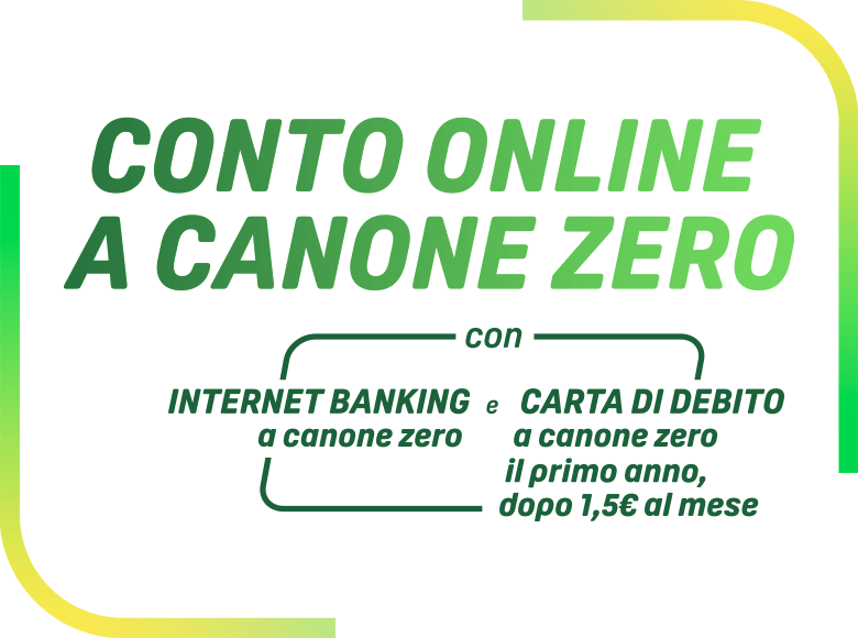 Grafica a sfondo bianco con contorni verdi e gialli negli angoli. Al suo interno “ conto online a canone zero con INTERNET BANKING a canone zero e CARTA DI DEBITO a canone zero il primo anno dopo 1,5€ al mese”