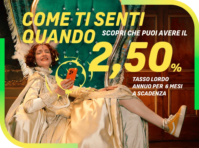 Una ragazza vestita da regina che esaulta su un trono perchè ha scoperto che può avere il Conto Deposito Più di Credem con un tasso lordo agevolato