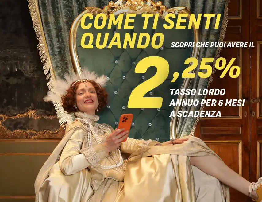 Una ragazza vestita da regina che esaulta su un trono perchè ha scoperto che può avere il Conto Deposito Più di Credem con un tasso lordo agevolato