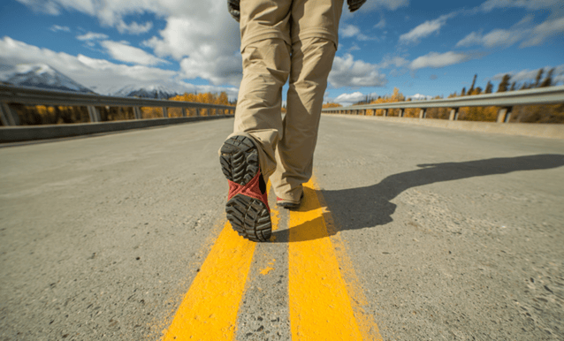 persona che cammina su una striscia gialla in una strada vuota