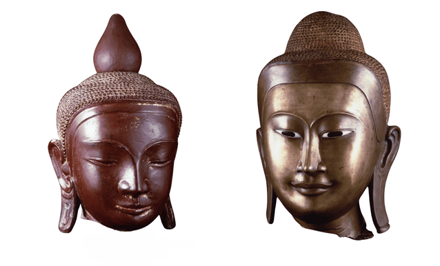 Statue raffiguranti i buddha in pietra colorata a lacca rossa,In entrambe le opere Buddha è raffigurato con l’Uṣṇīṣa, la protuberanza sul cranio simbolo della sua suprema illuminazione.