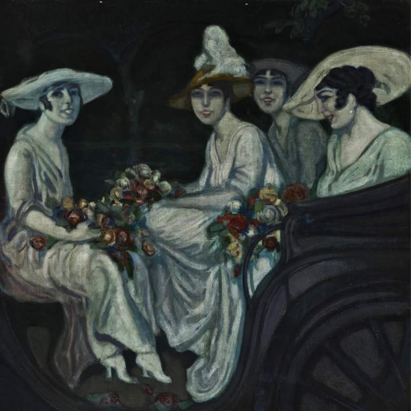 Dipinto in cui compaiono quattro eleganti giovani donne, sedute su una carrozza, che sorridono ammiccando verso lo spettatore.