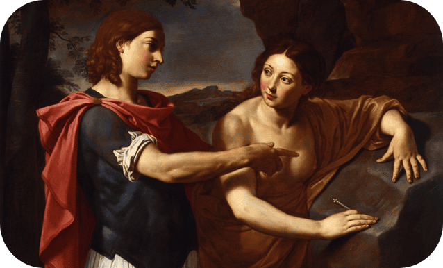 Dipinto della collezione raffigurante Angelica e Medoro, raffigura il celebre episodio dell’Orlando Furioso di Ludovico Ariosto nel quale i due amanti scrivono in ogni luogo i loro nomi intrecciati.
