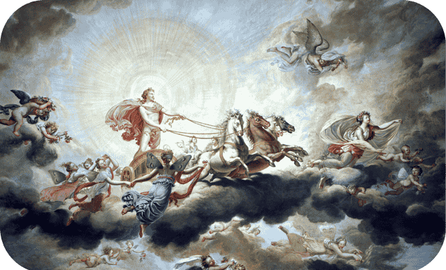 Particolare del soffitto di un ambiente molto suggestivo che era lo studio del conte Spalletti Trivelli raffigurante Apollo sul carro del Sole.