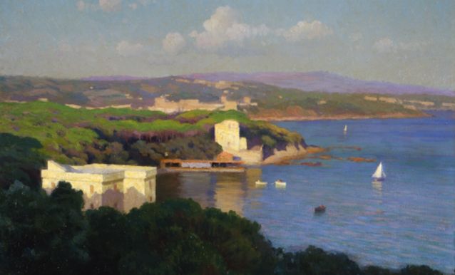 Dipinto che raffigura la luce del sole che si riverbera sulle case del borgo sul mare genera un’atmosfera quasi incantata.