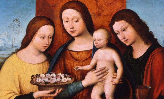 Dipinto della collezione raffigurante la Madonna con il bambino e i santi Rosali e Giovanni Evangelista.