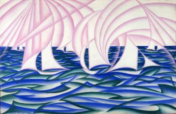Dipinto che raffigura movimento delle onde e delle vele delle barche, che appaiono qui nella forza del loro ritmo sinuoso e nel vivido contrasto cromatico dei rosa e degli azzurri.