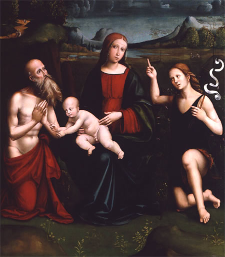 Francesco Raibolini, Madonna con il bambino e i santi rosali e Giovanni Evangelista, 1506
