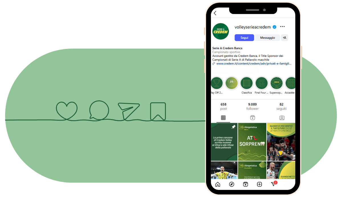 grafica con cellulare con la schermata della home del profilo instagram di Credem volley